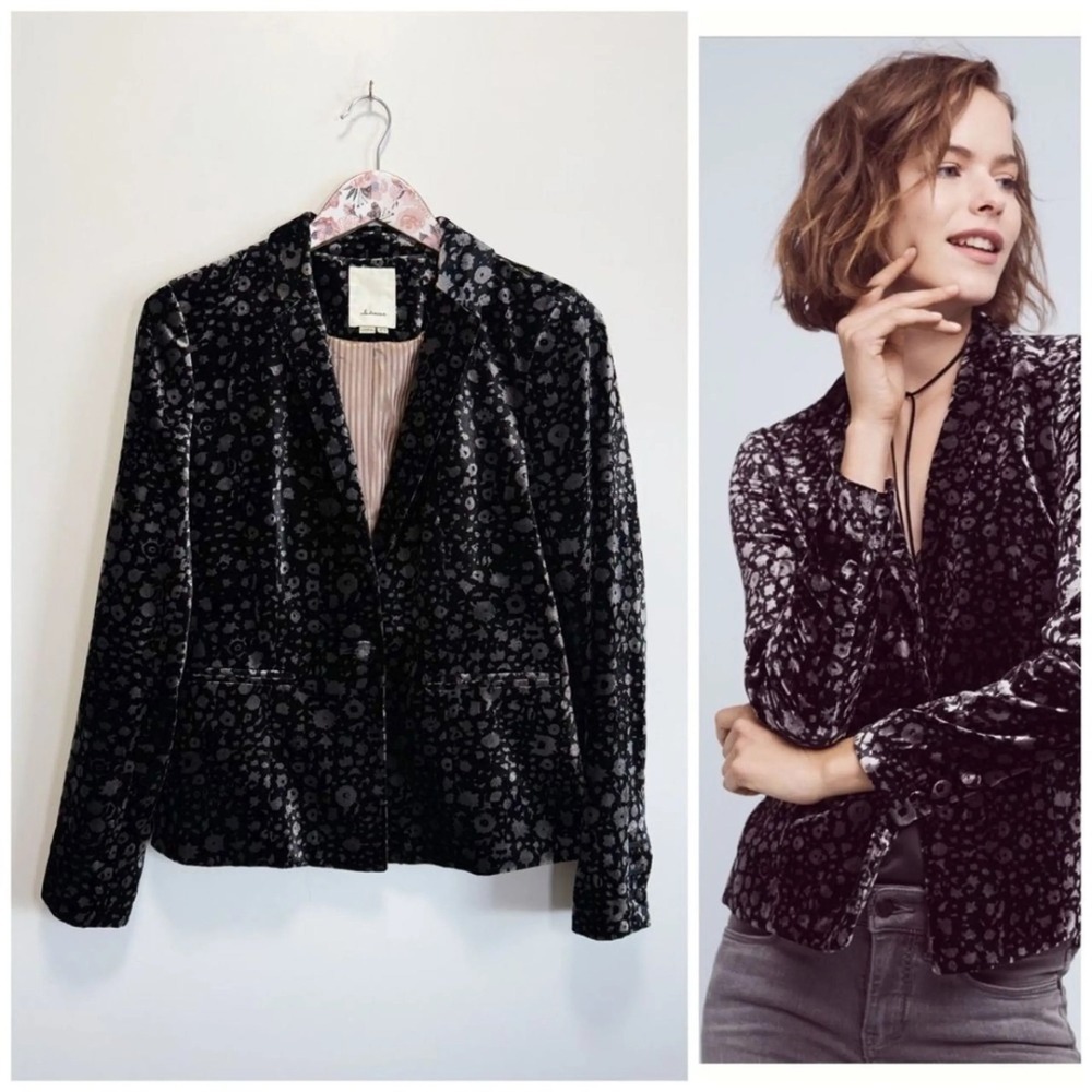 Anthropologie Elevenses Blazer Dress Jacket Lumi Velvet Velour Black Floral sz 4